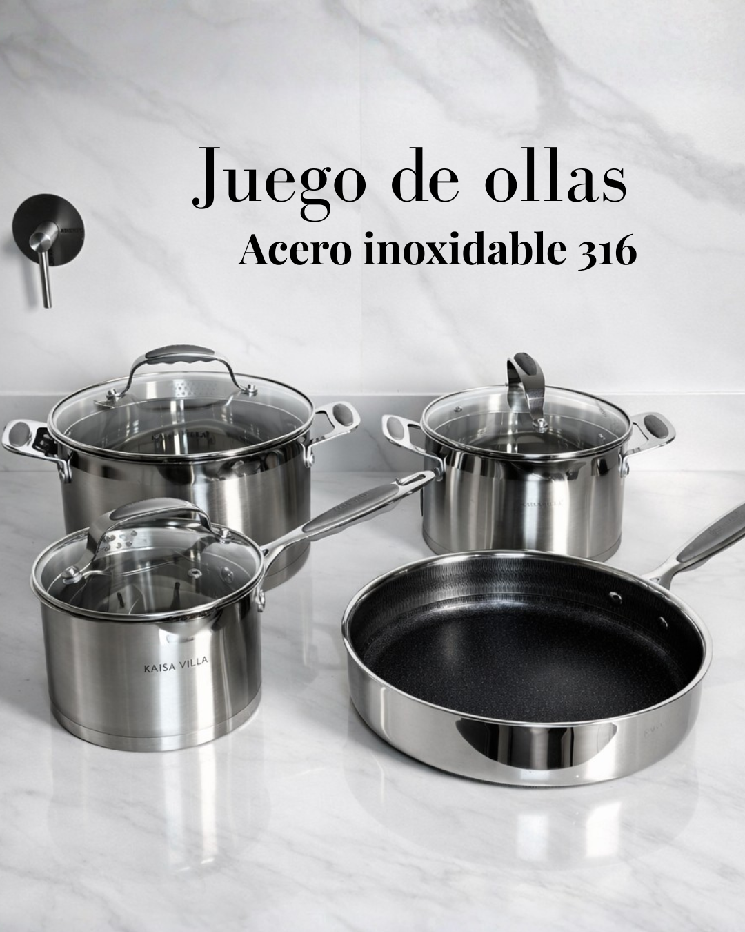 Juego de ollas x7 piezas de acero quirurgico Kaisa Villa (4 ollas, 3 tapas)