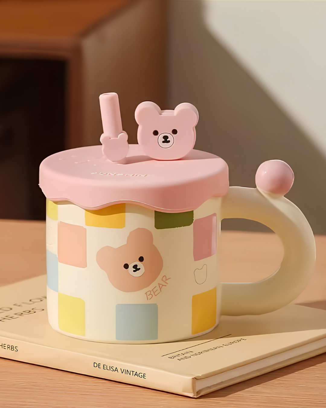 Taza cereamica Osito con Tapa y pitillo