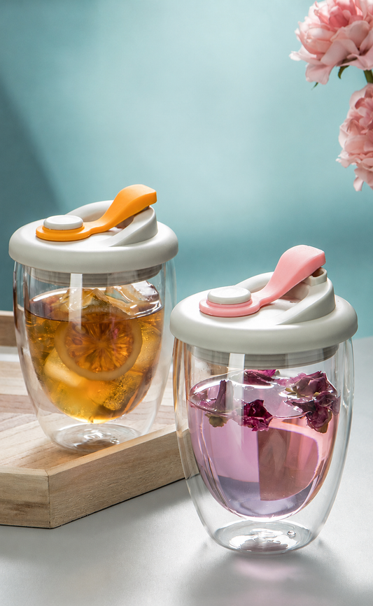 Vaso de Vidrio Doble Pared con Tapa 350ml