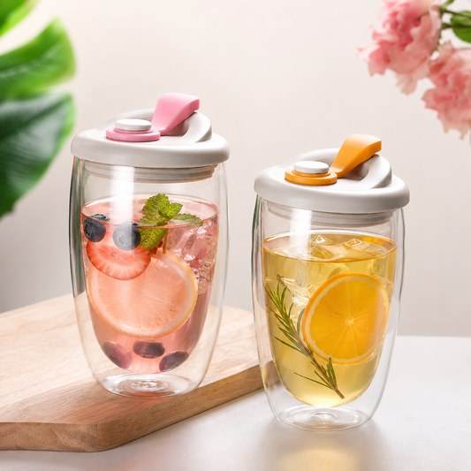 vaso de vidrio doble pared con tapa 450ml