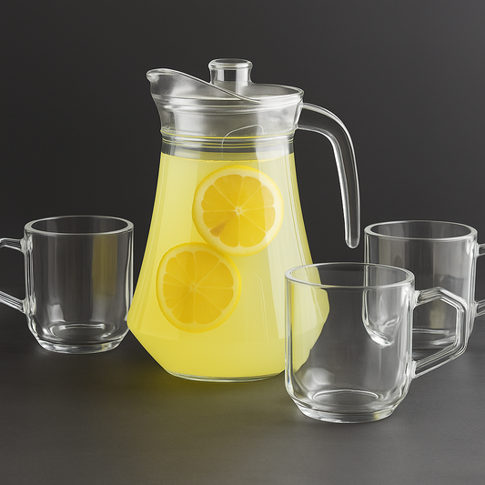 Jarra de vidrio con vasos