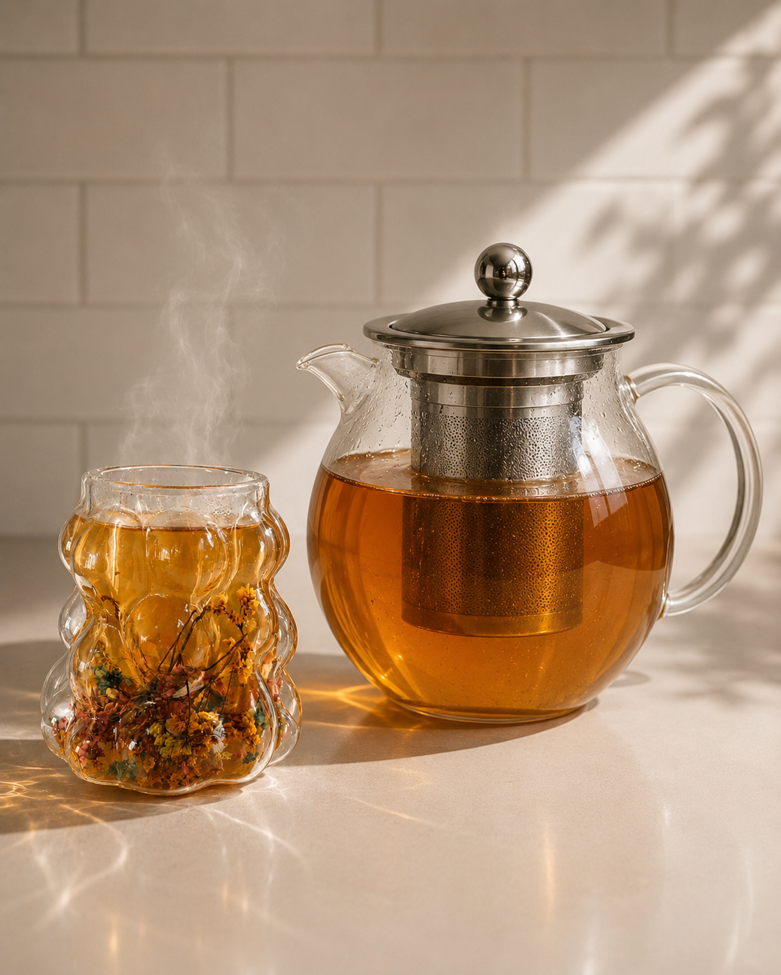 Vaso de vidrio doble pared con flores