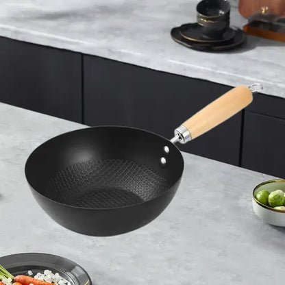 Sartén wok con mango de madera
