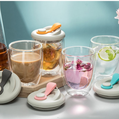 Vaso de Vidrio Doble Pared con Tapa 350ml