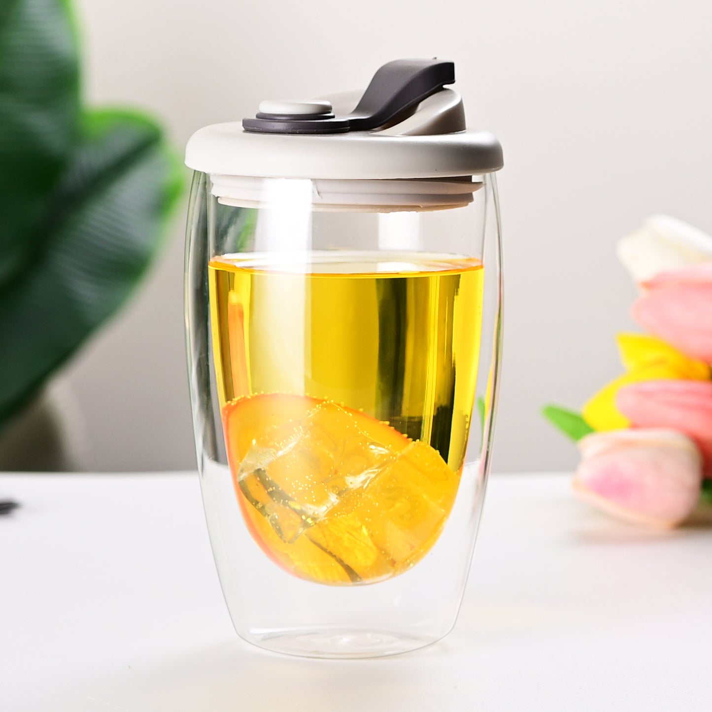 vaso de vidrio doble pared con tapa 450ml