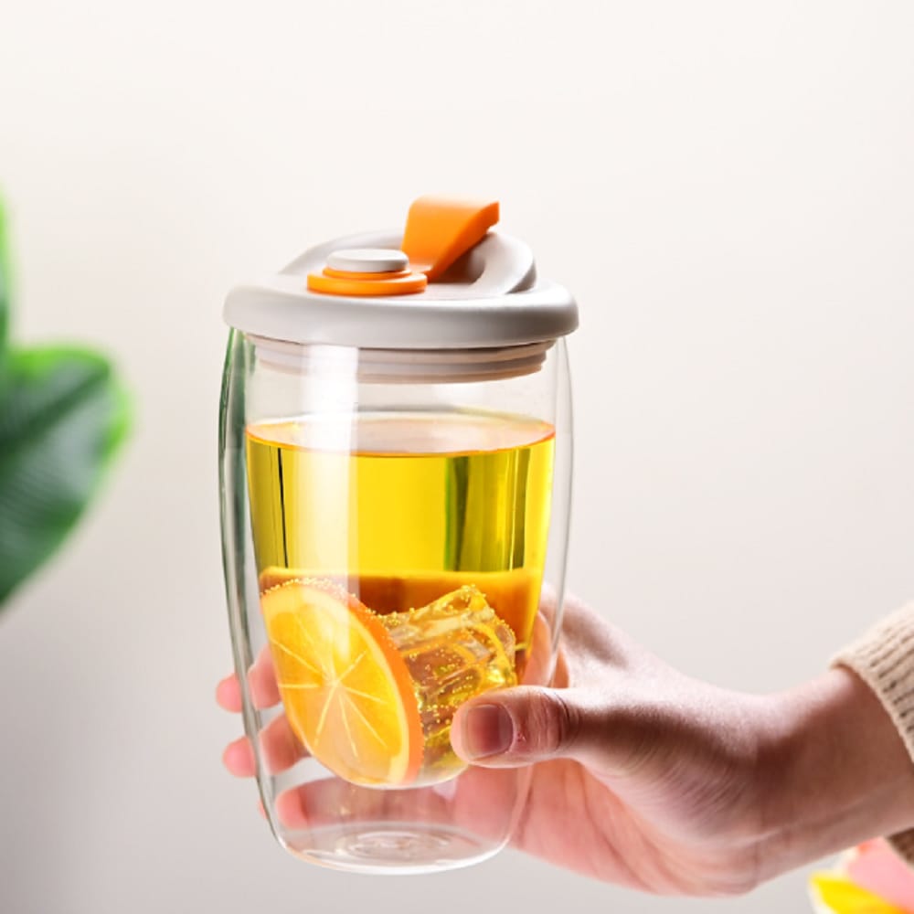 vaso de vidrio doble pared con tapa 450ml