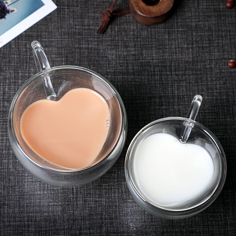 Taza de vidrio doble pered con forma de corazón